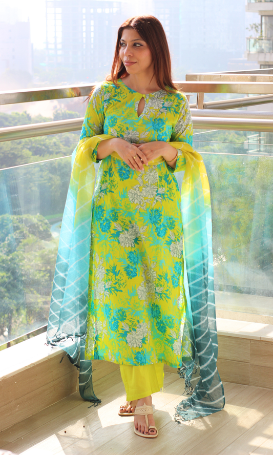 Cotton Lime Aqua Floral Print Kurta, Solid Pants & Lehariya Kota Dupatta