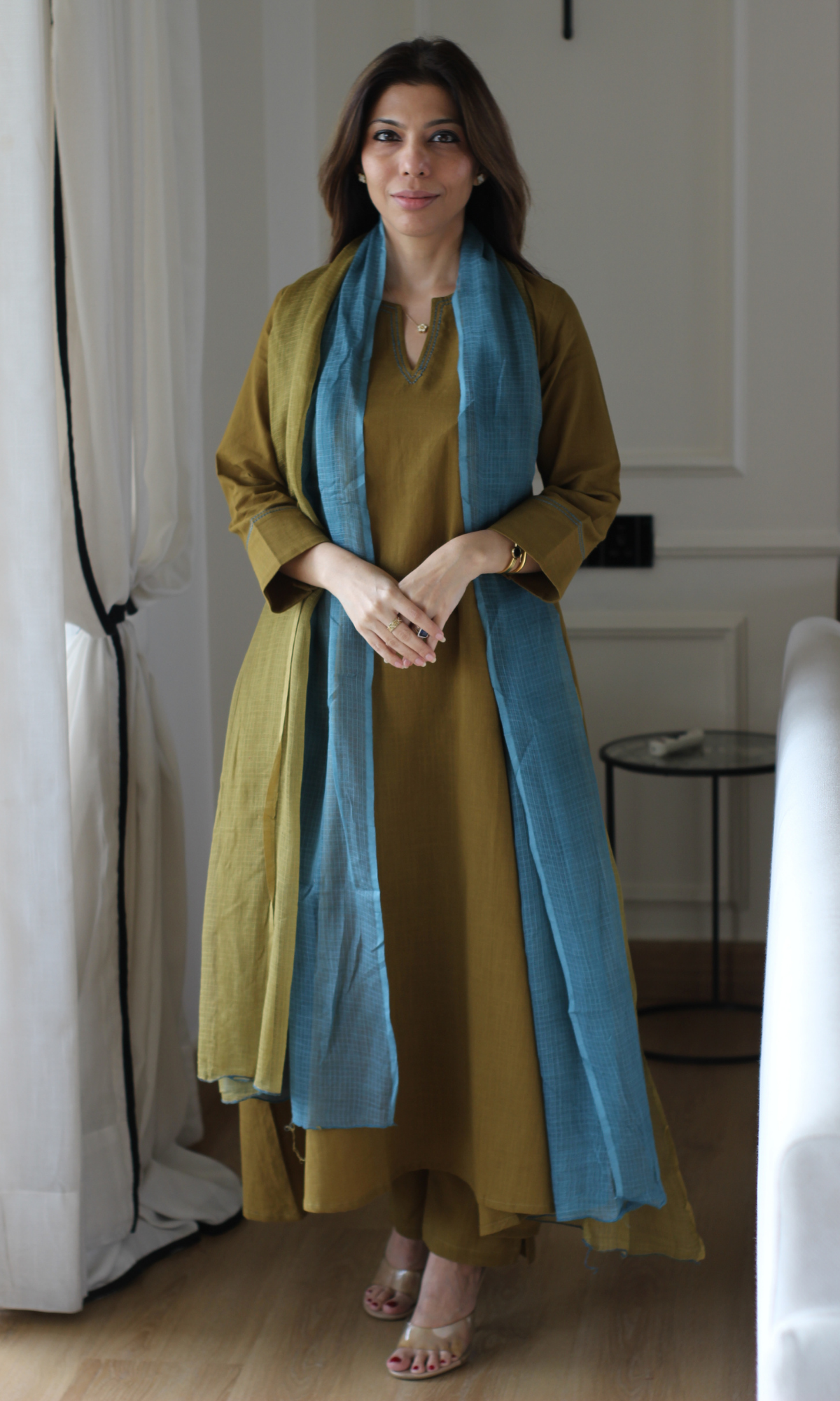 Mehandi Cotton Slub Kali Kurta, Pant & Handpainted Dupatta