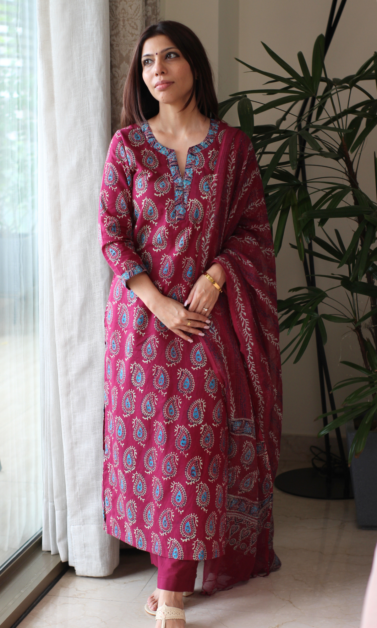 Berry & Blue Badmeri Prin Kurta, Kota Doria Dupatta & Cotton Pants
