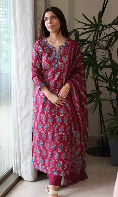 Berry & Blue Badmeri Prin Kurta, Kota Doria Dupatta & Cotton Pants