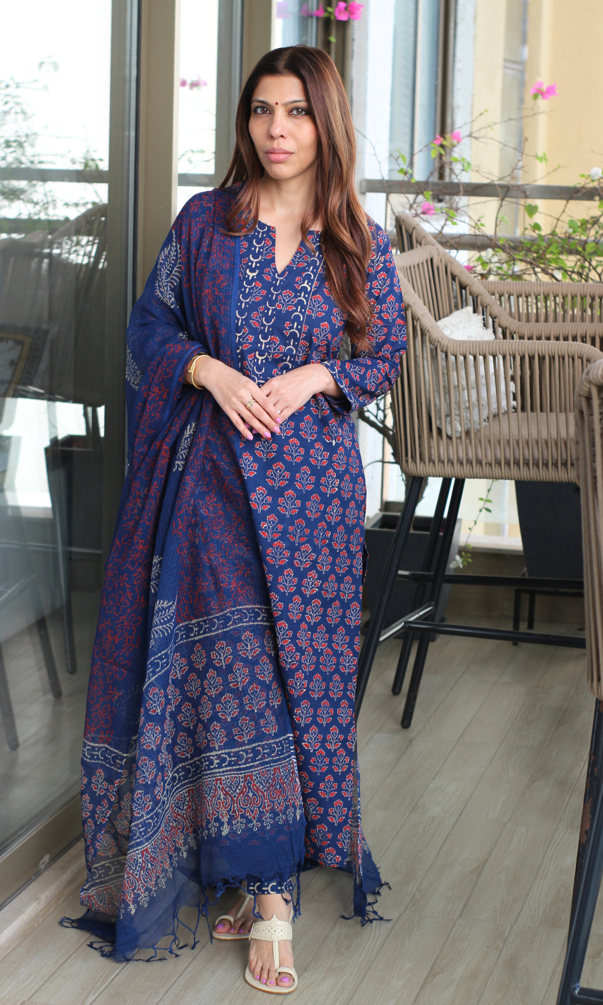 Badmeri Blue Ajrakh Handblock Kurta, Kota Doria Handblock Dupatta & Cotton Afgani Pants