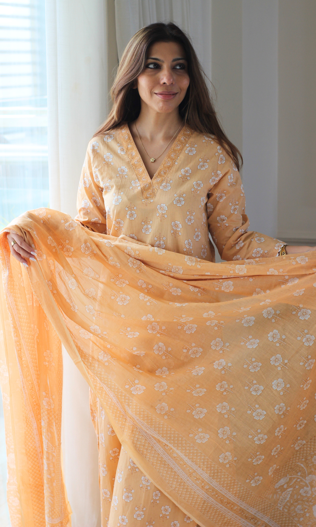 Melon Block Print Kurta, Dupatta & Cotton Pants