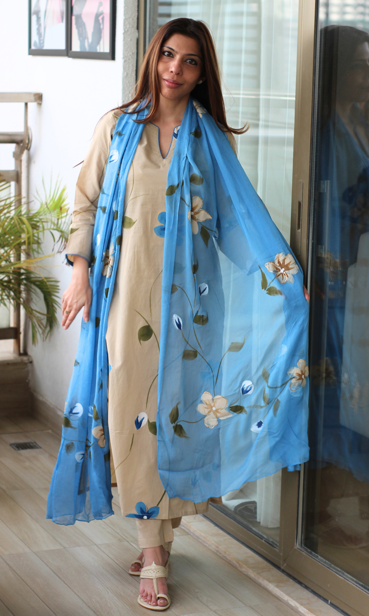 Beige & Blue Hand Brush Painted Kurta, Chiffon Handpainted Dupatta & Cotton Pants