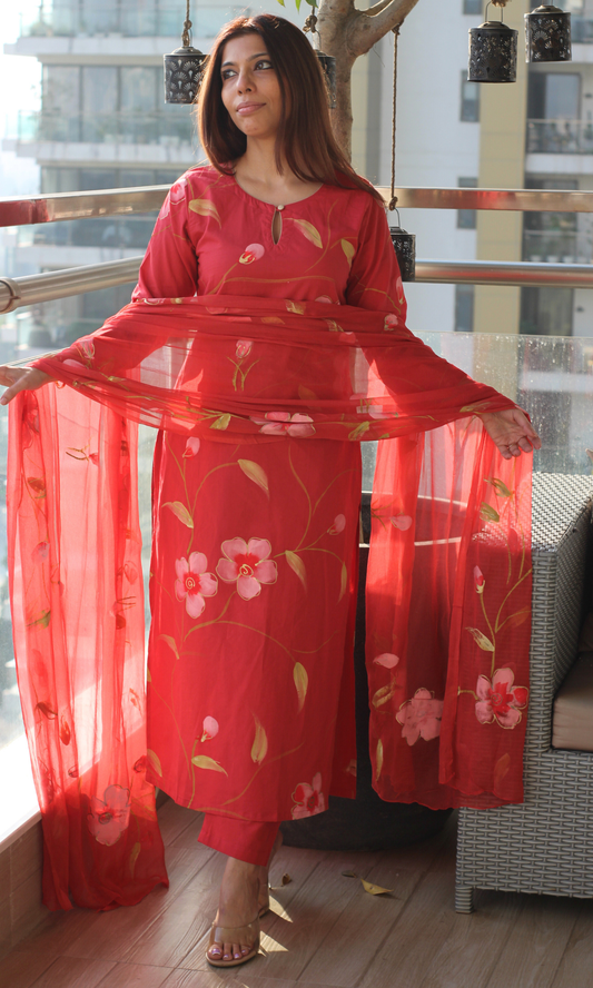 Cotton Coral Handbrush Painted Suit with Chiffon Handpainted Dupatta