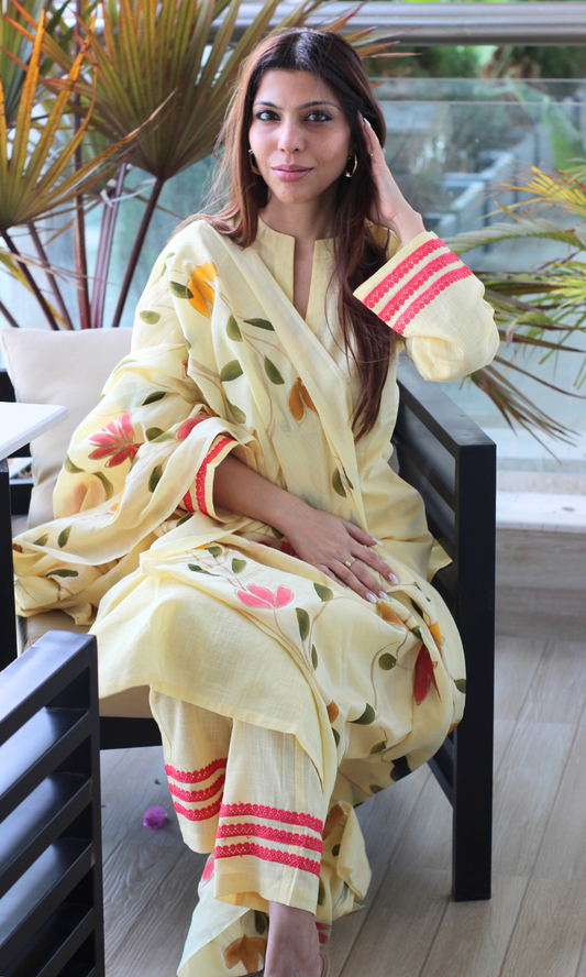 Pale Yellow Slub Kurta, Pant with Cotton Handpainted Dupatta
