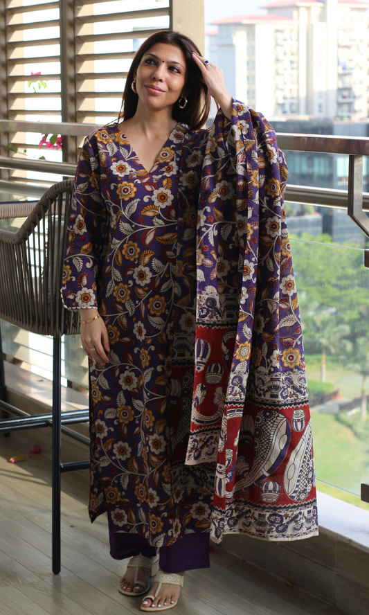 Deep Purple Handblock Kalamkari Kurta, Cotton Handblock Dupatta & Pants