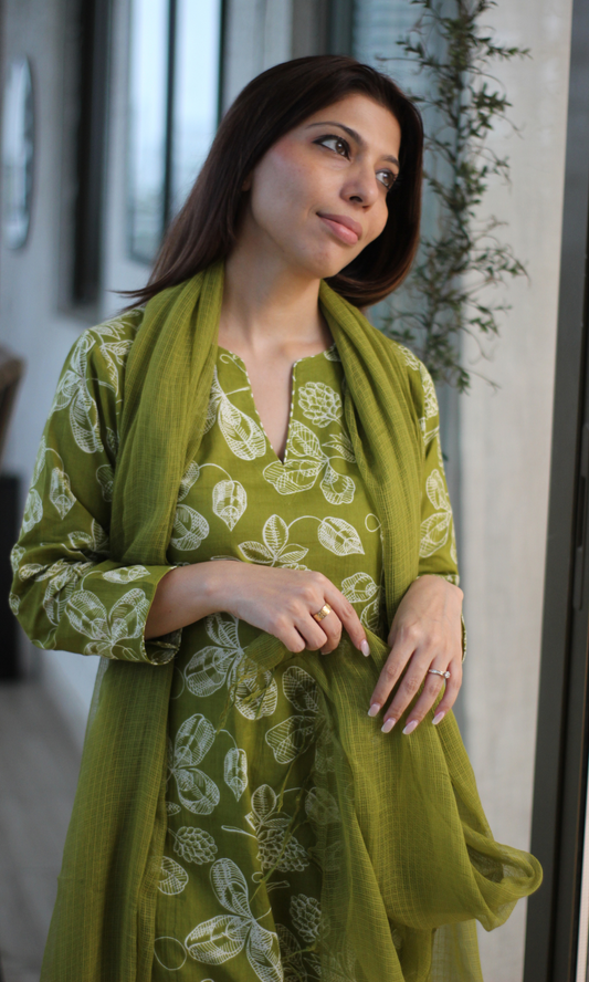 Sage Green Printed Kurta, Pant & Kota Doria Dupatta