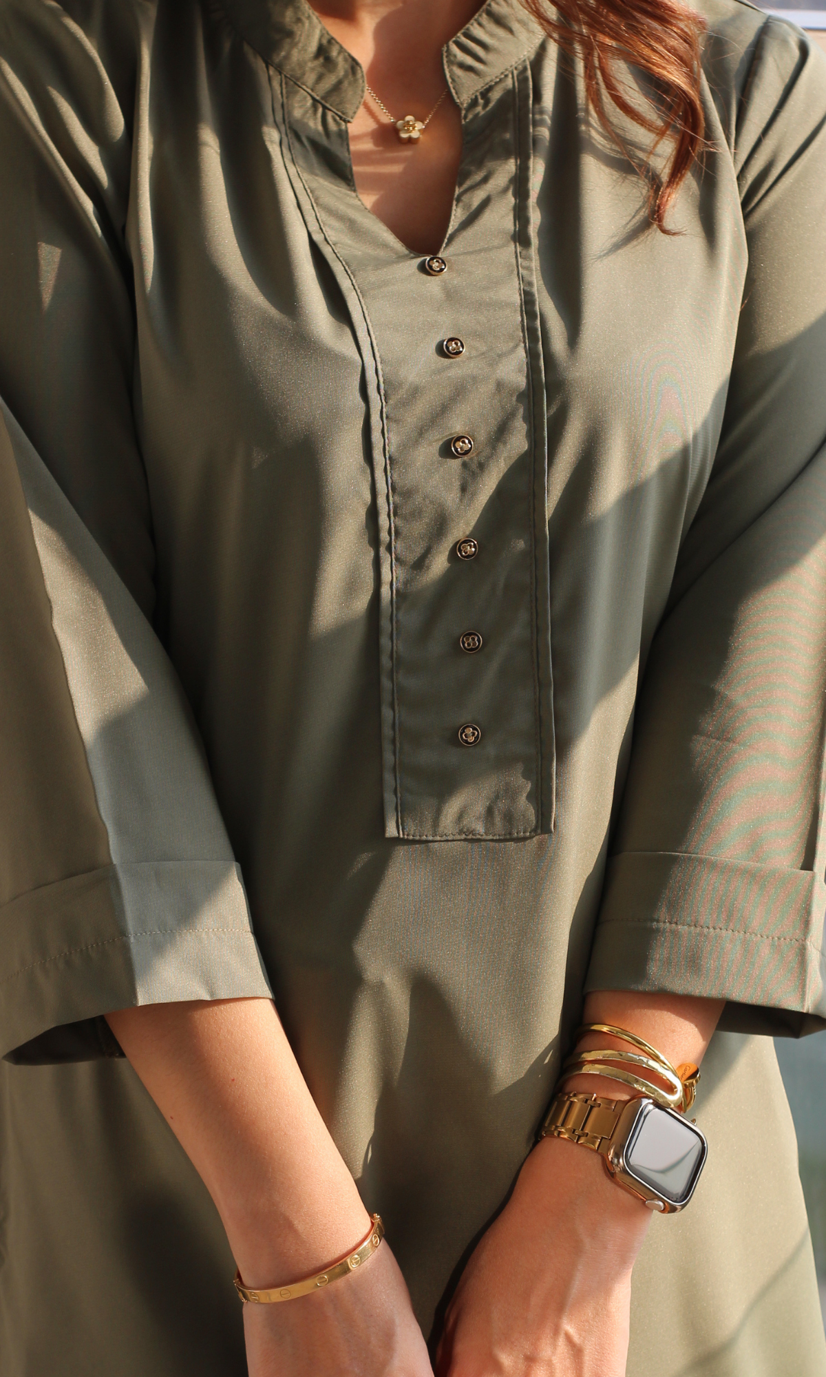 Glossy Green Gold Buttoned Kurta & Pant