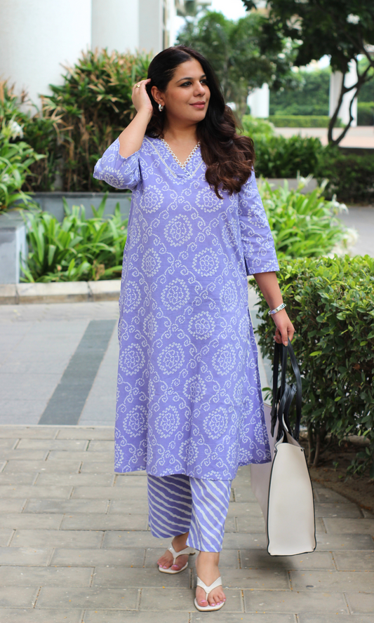 Lavender Bandhani Laced Kurta & Lehariya Pant