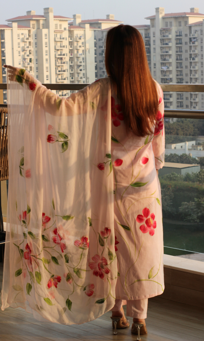 Pink & Magenta Handbrush Painted Kurta, Chiffon Handpainted Dupatta & Cotton Pants