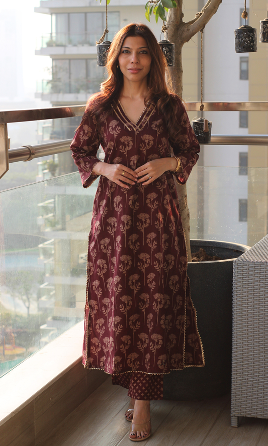 Cotton Wine & Gold Mughal Print Kurta & Pant