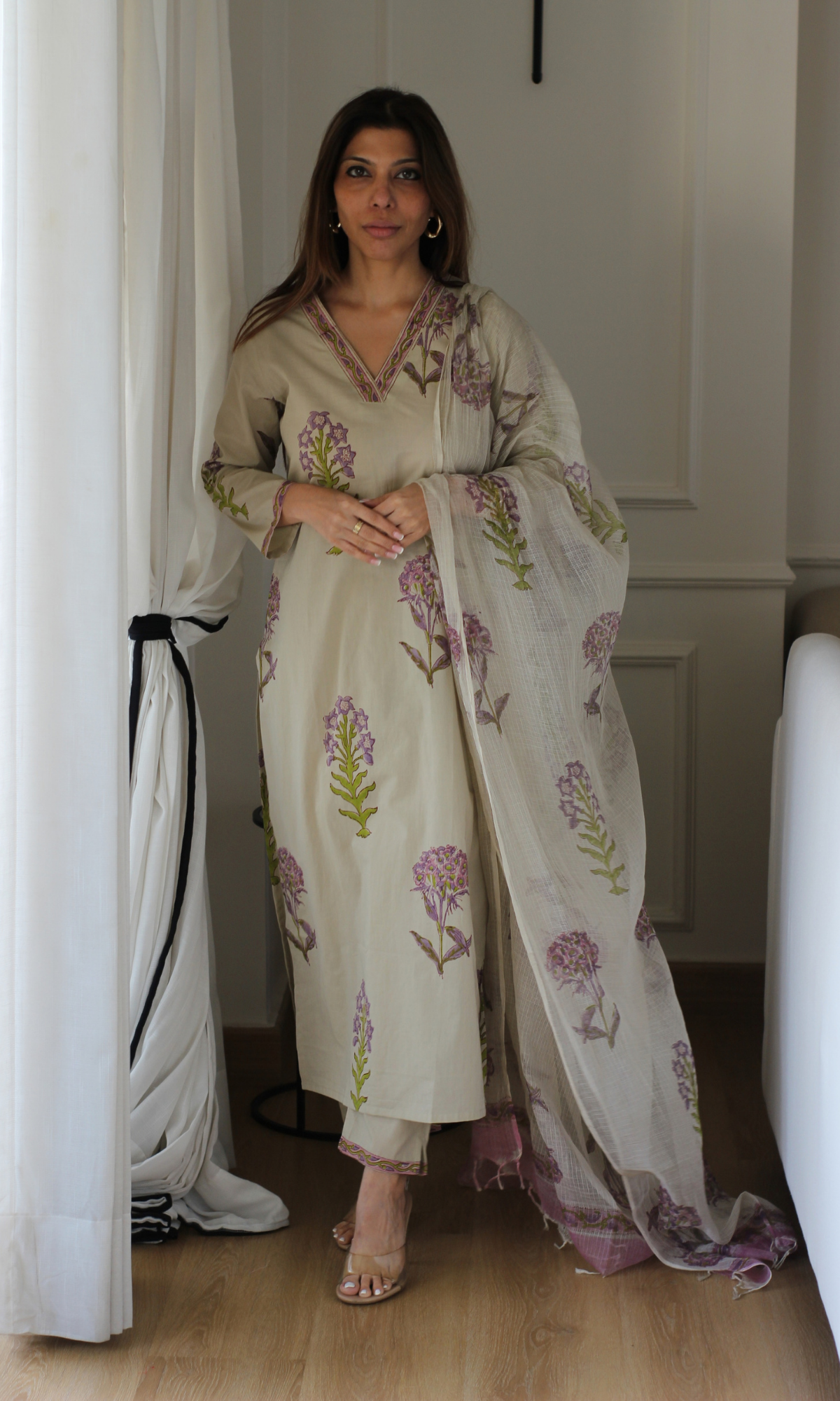 Saira Lavender & Green Mughal Kurta, Pants & Kota Doria Handblock Dupatta