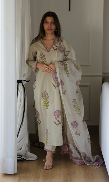 Saira Lavender & Green Mughal Kurta, Pants & Kota Doria Handblock Dupatta