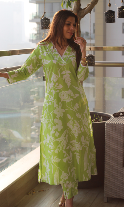 Cotton Fresh Lime A Line Printed Kurta & Pants