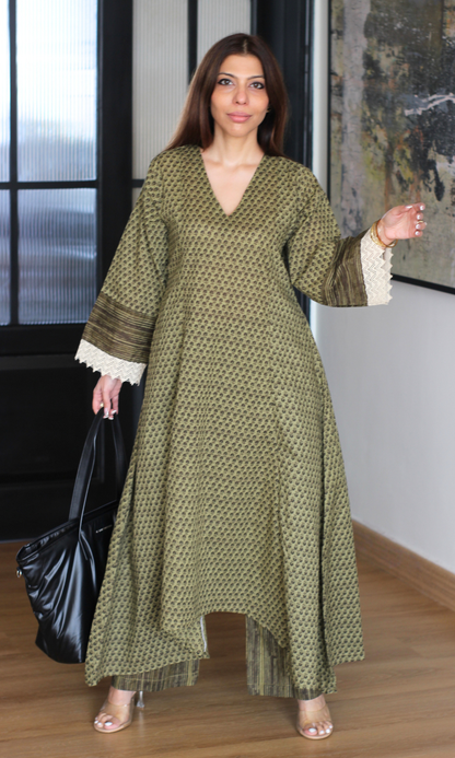Cotton Olive Khaki Ajrakh Print High Low Kurta & Palazzo