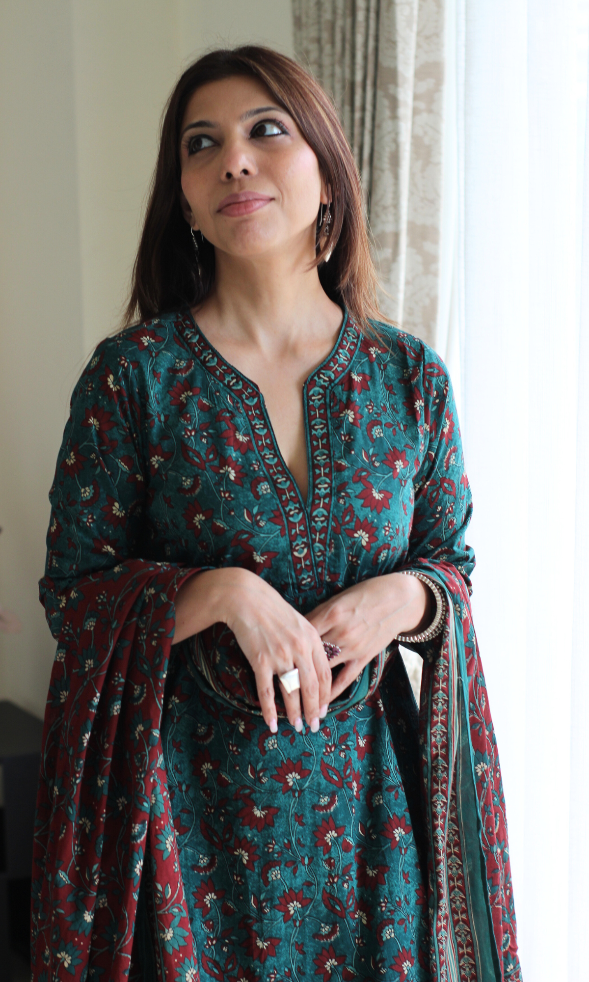 Firdaus Green & Red Block Printed Kurta , Dupatta & Cotton Pants