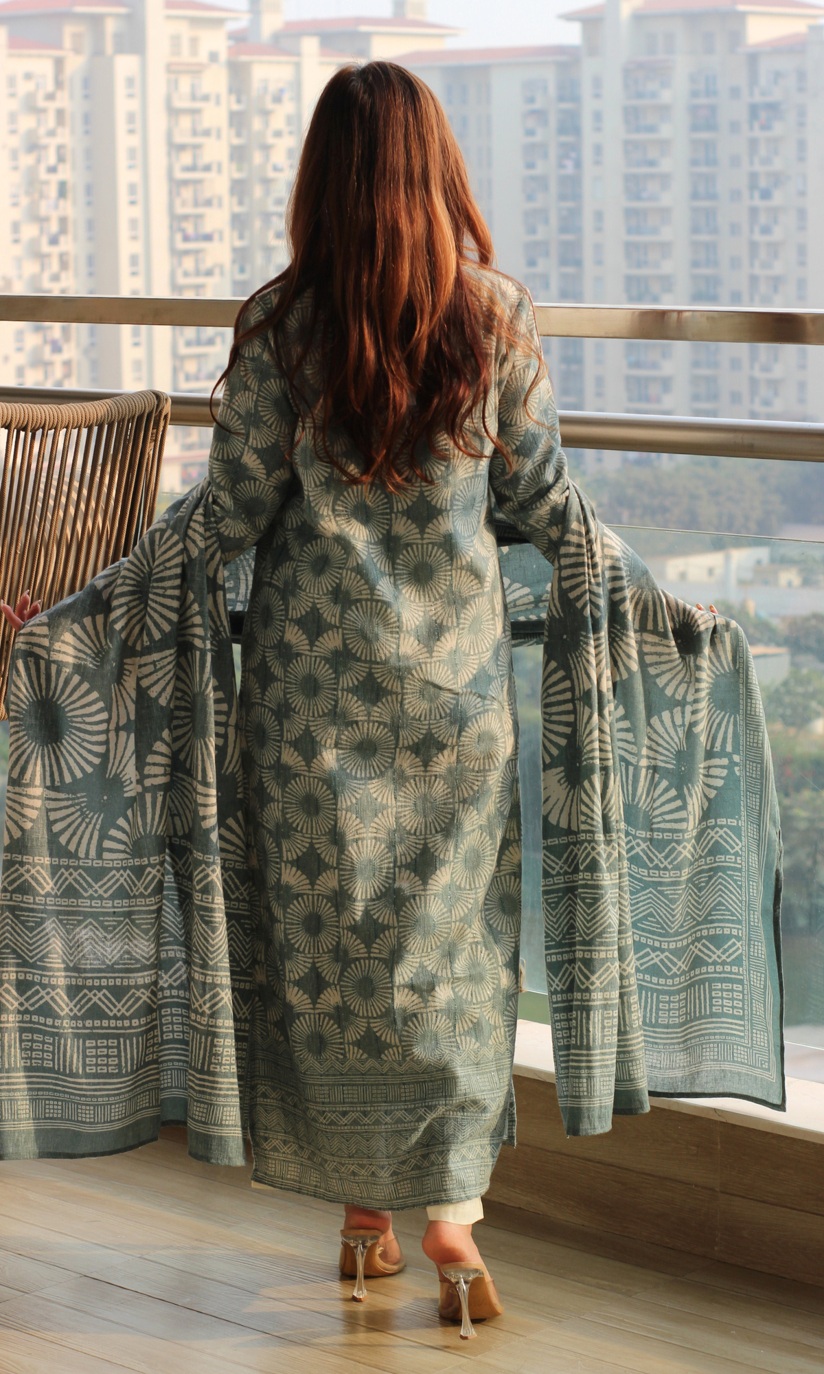 Sagewood Linen Woven Lurex Printed Kurta, Dupatta & Cotton Pants