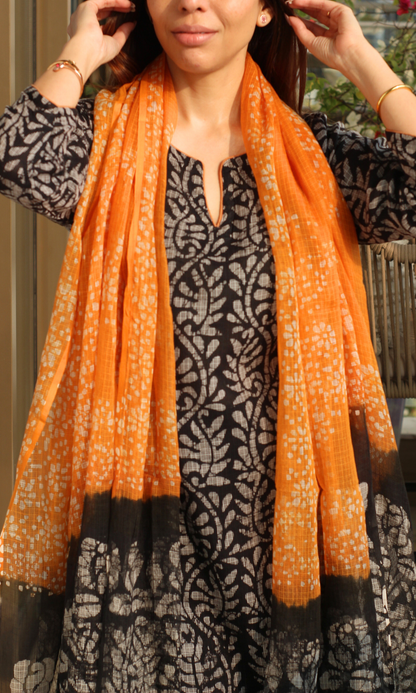 Kota Doria Black Batik Handblock Print Kurta, Dupatta & Cotton Pants