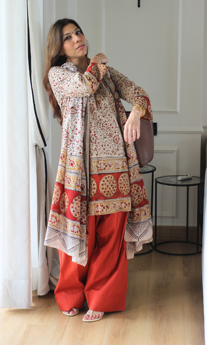 Beige & Red Handblock Kalamkari Print Kurta , Dupatta & Cotton Farshi Salwaar