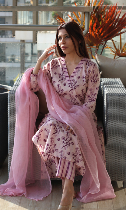 Baby Pink Floral Kurta, Striped Pants & Soft Kota Doria Dupatta