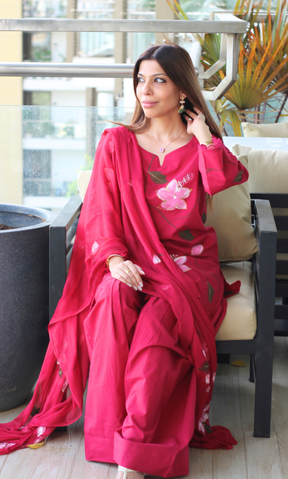 Cotton Mulberry Handbrush Painted Kurta, Chiffon Hand Painted Dupatta & Farshi Salwar