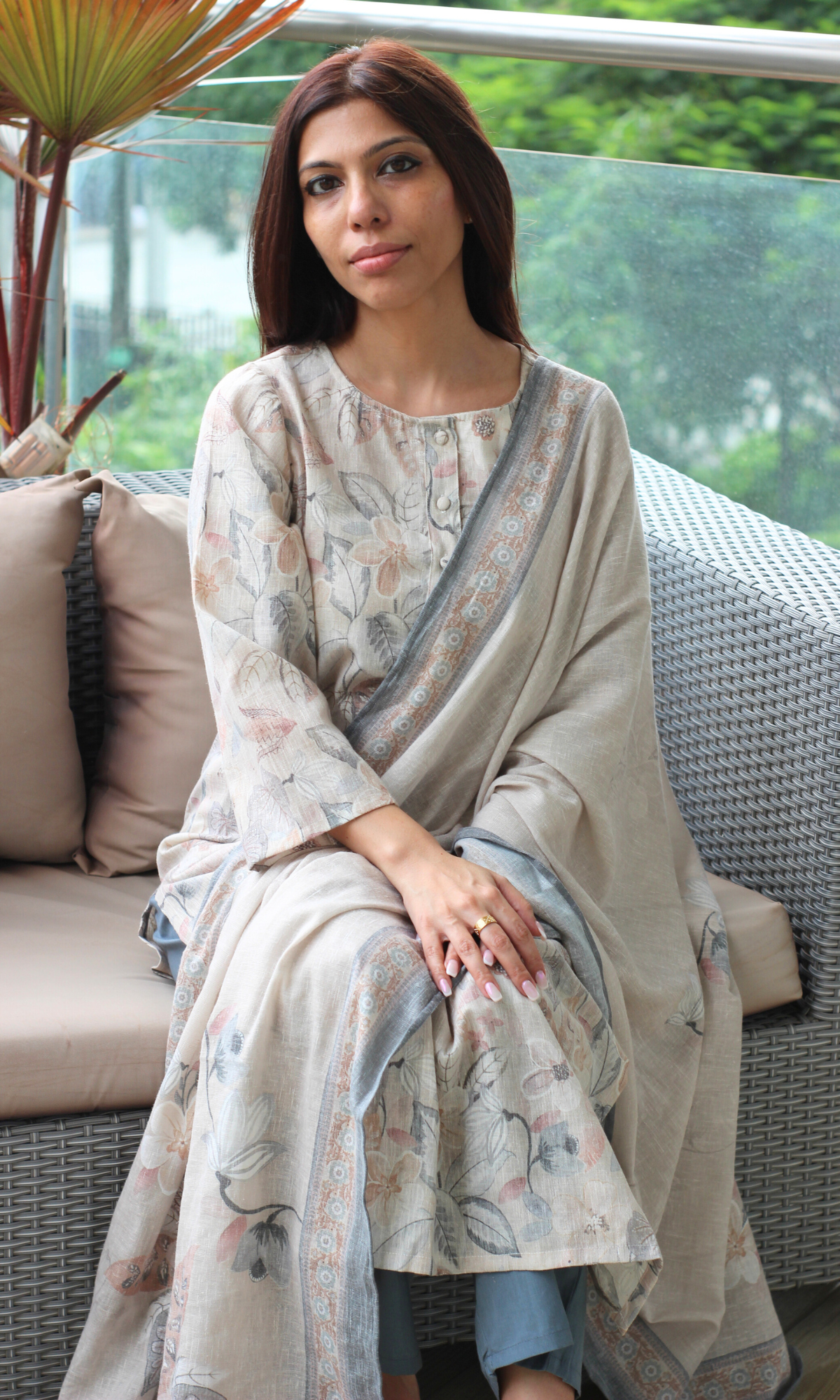 Duchessé Beige Linen Blend Printed Kurta , Dupatta & Cotton Bottoms