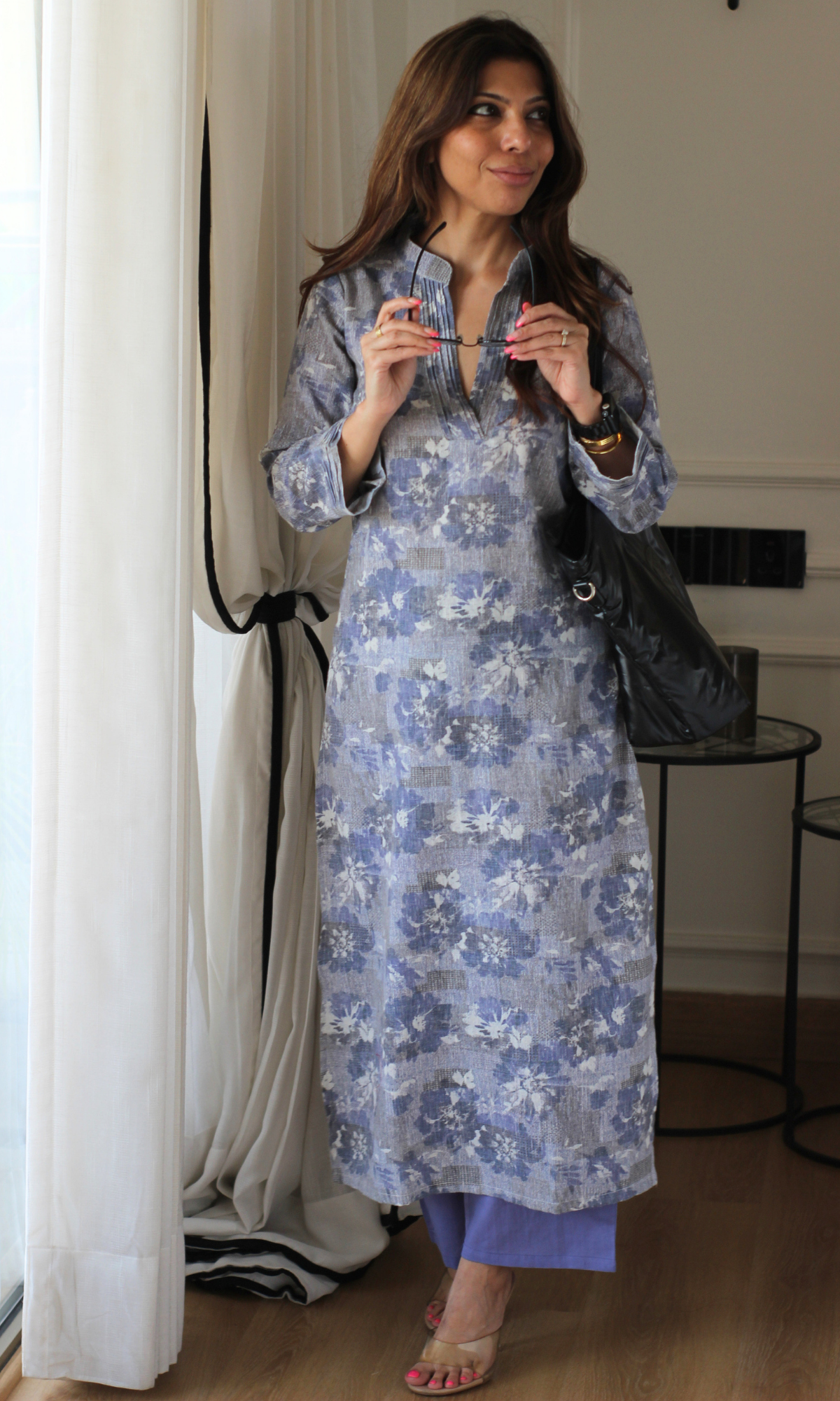 Linen Blend Iris Abstract Flower Kurta with Cotton Pants