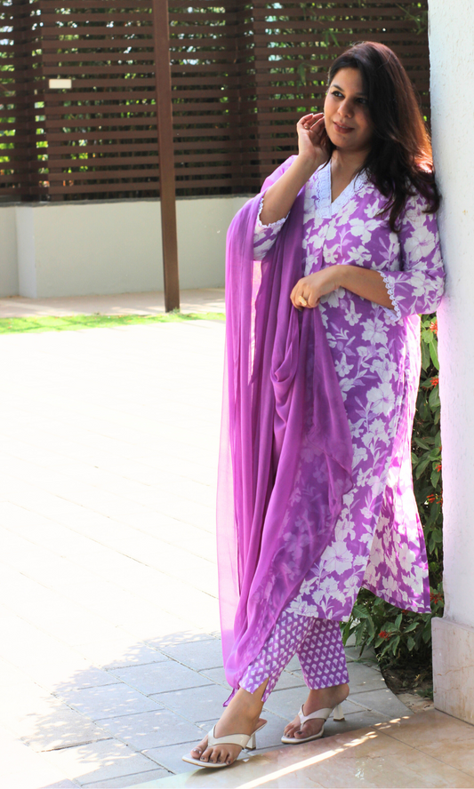 Cotton Lilac Botanica Printed Suit with Chiffon Dupatta