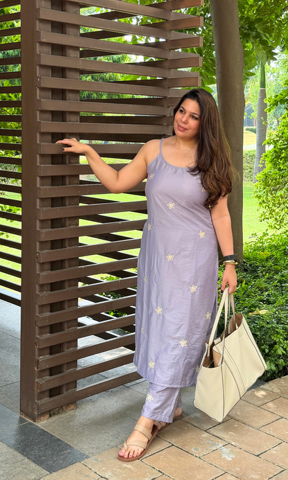 Lavender Embroidered Flower Kurta with Pants