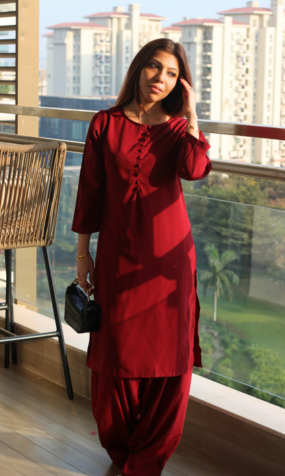 Ruby Glossy Boat Neck Buttoned Kurta with Farshi Salwaar