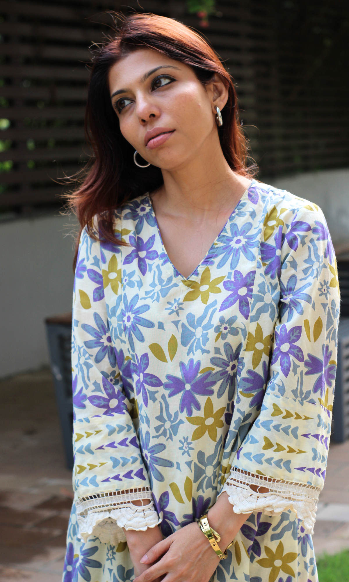 Cotton Beige & Purple Floral Haze Printed High low Kurta & Pant