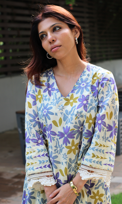 Cotton Beige & Purple Floral Haze Printed High low Kurta & Pant