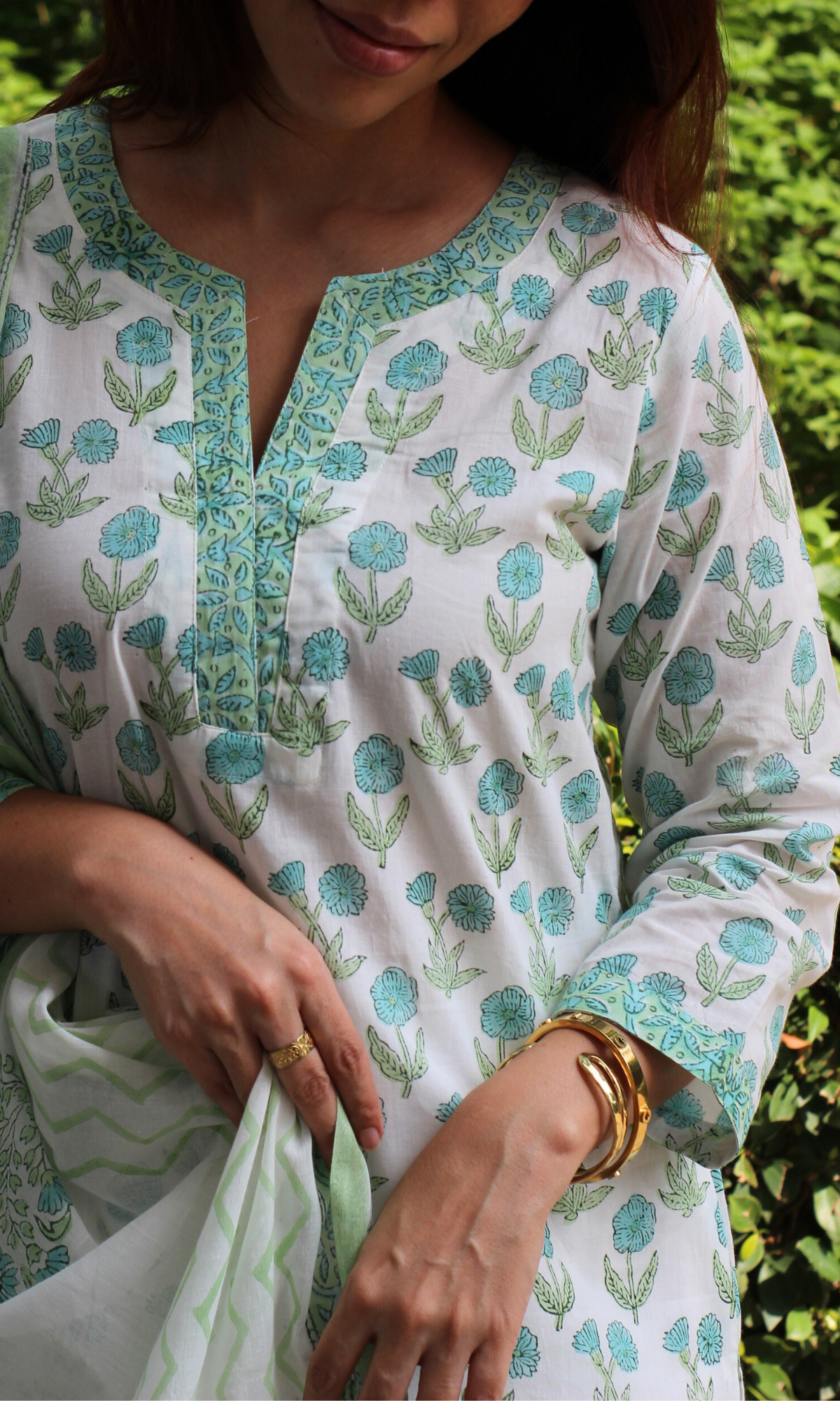 White Morning Dew Handblock Printed Kurta, Dupatta & Cotton Pants