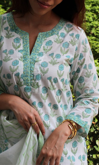 White Morning Dew Handblock Printed Kurta, Dupatta & Cotton Pants