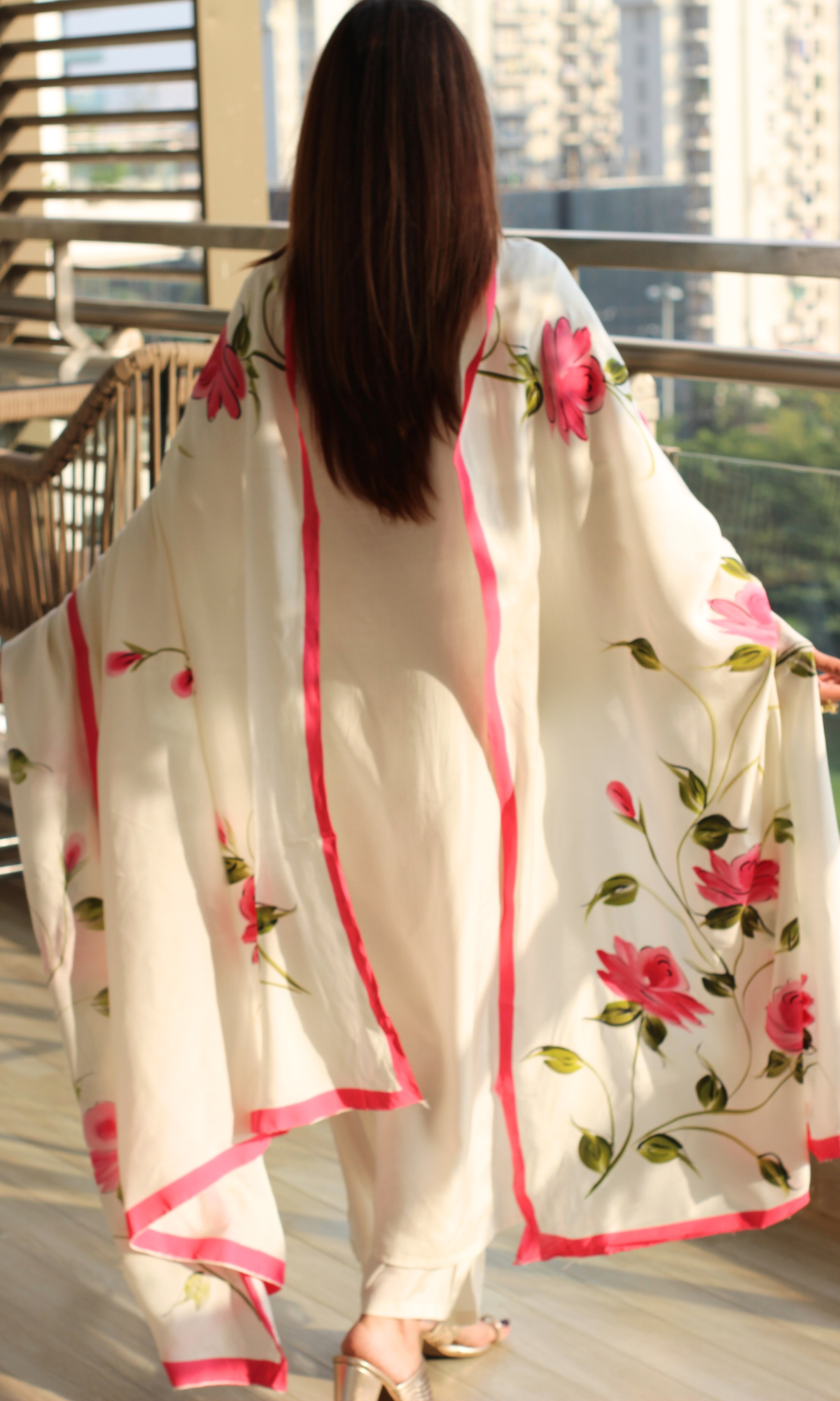 Rosette Ivory Muslin Silk Suit with Muslin Hand Brush Painted Dupatta