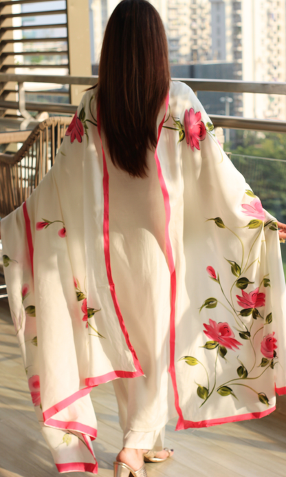Rosette Ivory Muslin Silk Suit with Muslin Hand Brush Painted Dupatta