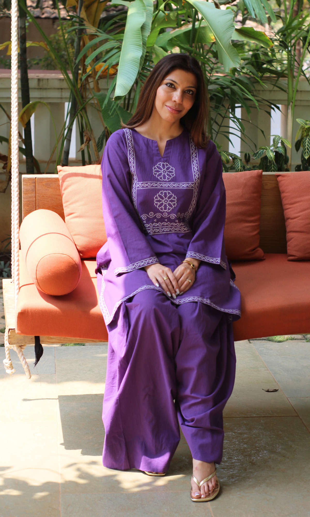 Purple Motif Print Kurta with Farshi Salwaar