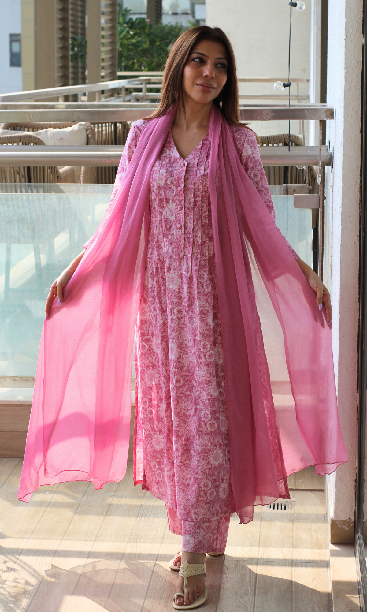 Cotton Blush Haze Pleated Neck Kurta, Pant & Chiffon Dupatta