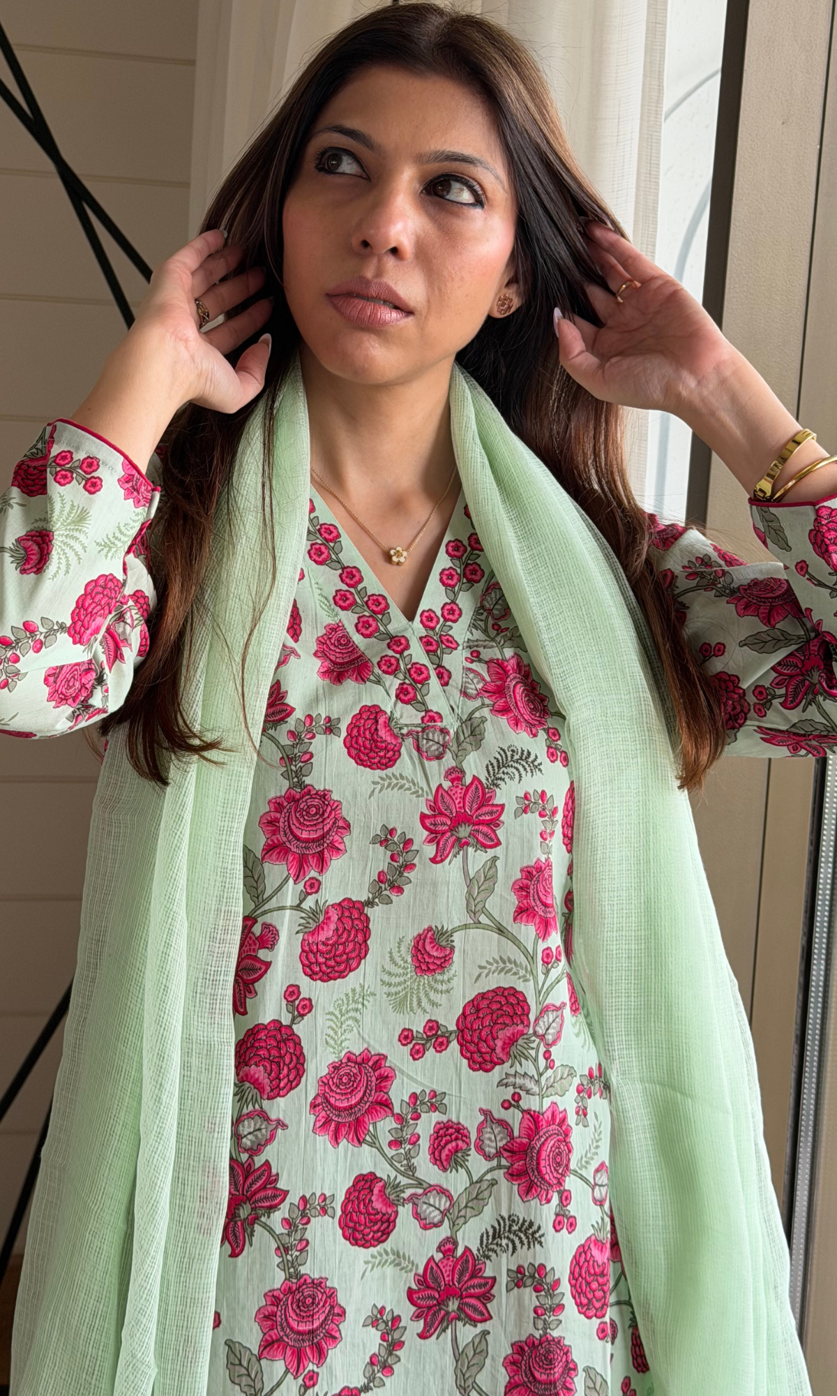Cotton Dew Green & Pink Floral Block Printed Kurta, Pant & Kota Doria Ombre Dupatta