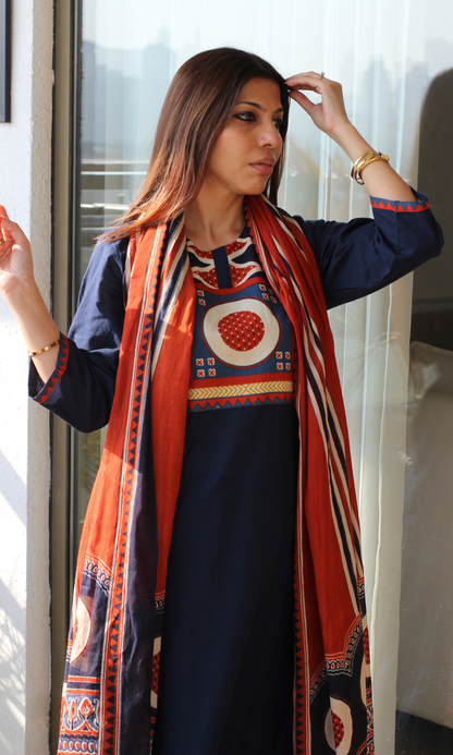 Cotton Navy Blue Motif Neck Kurta, Pant & Printed Dupatta