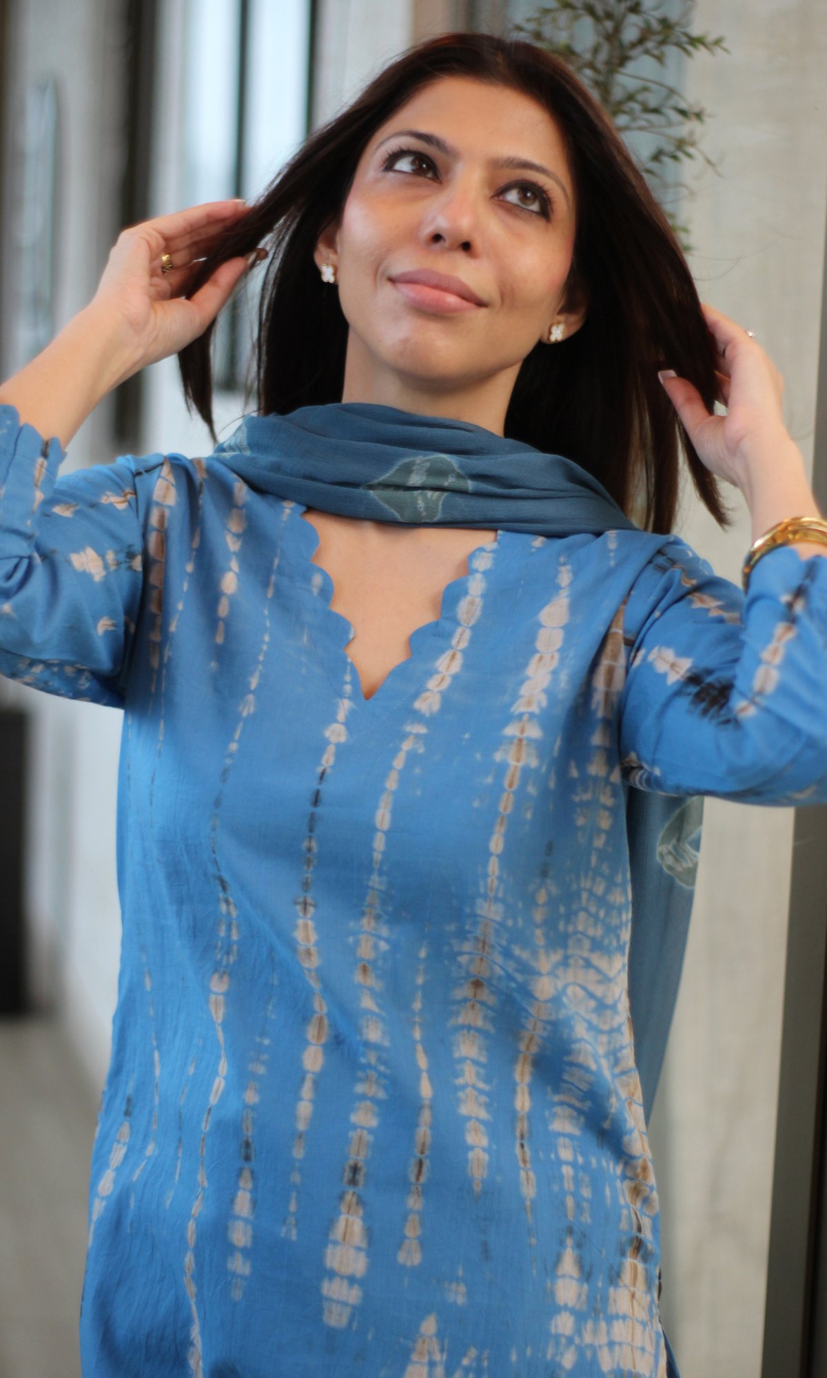 Sea Blue Tie & Dye Kurta, Cotton Pants and Printed Chiffon Dupatta