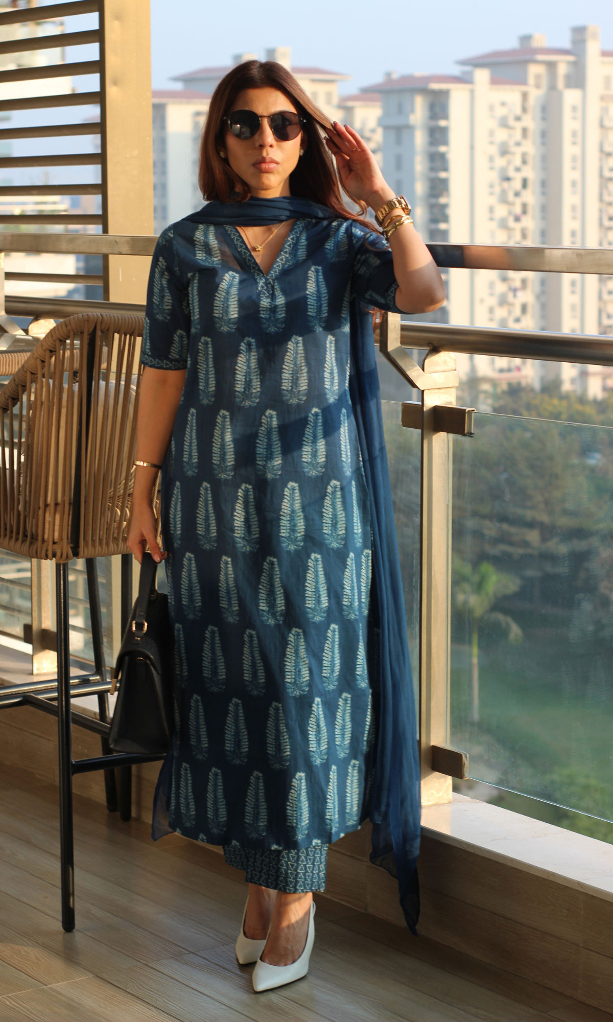 Indigo Leaf Printed Half Sleeves Cotton Kurta, Pant & Kota Doria Dupatta