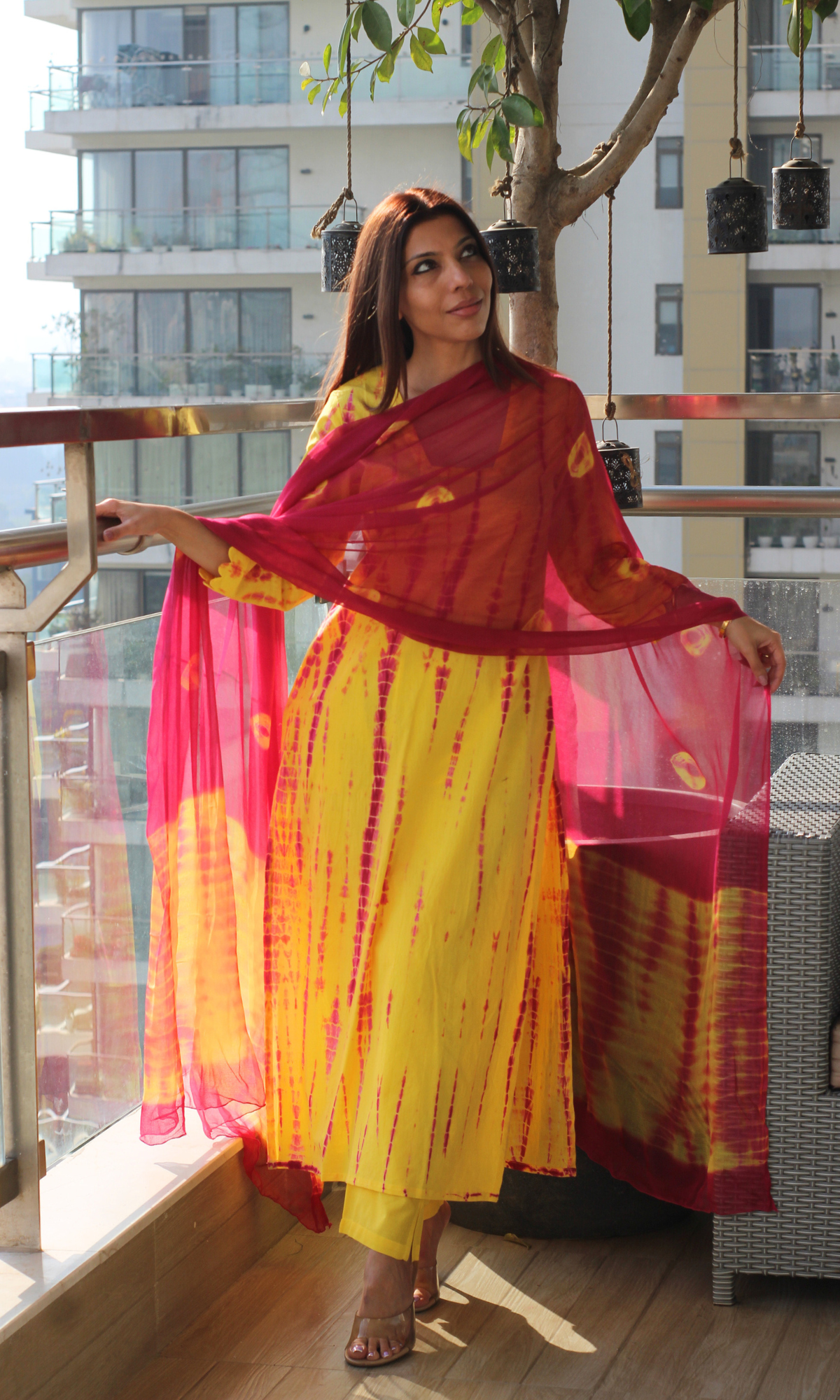 Cotton Yellow & Pink Tie & Dye Kurta, Pants & Chiffon Dupatta
