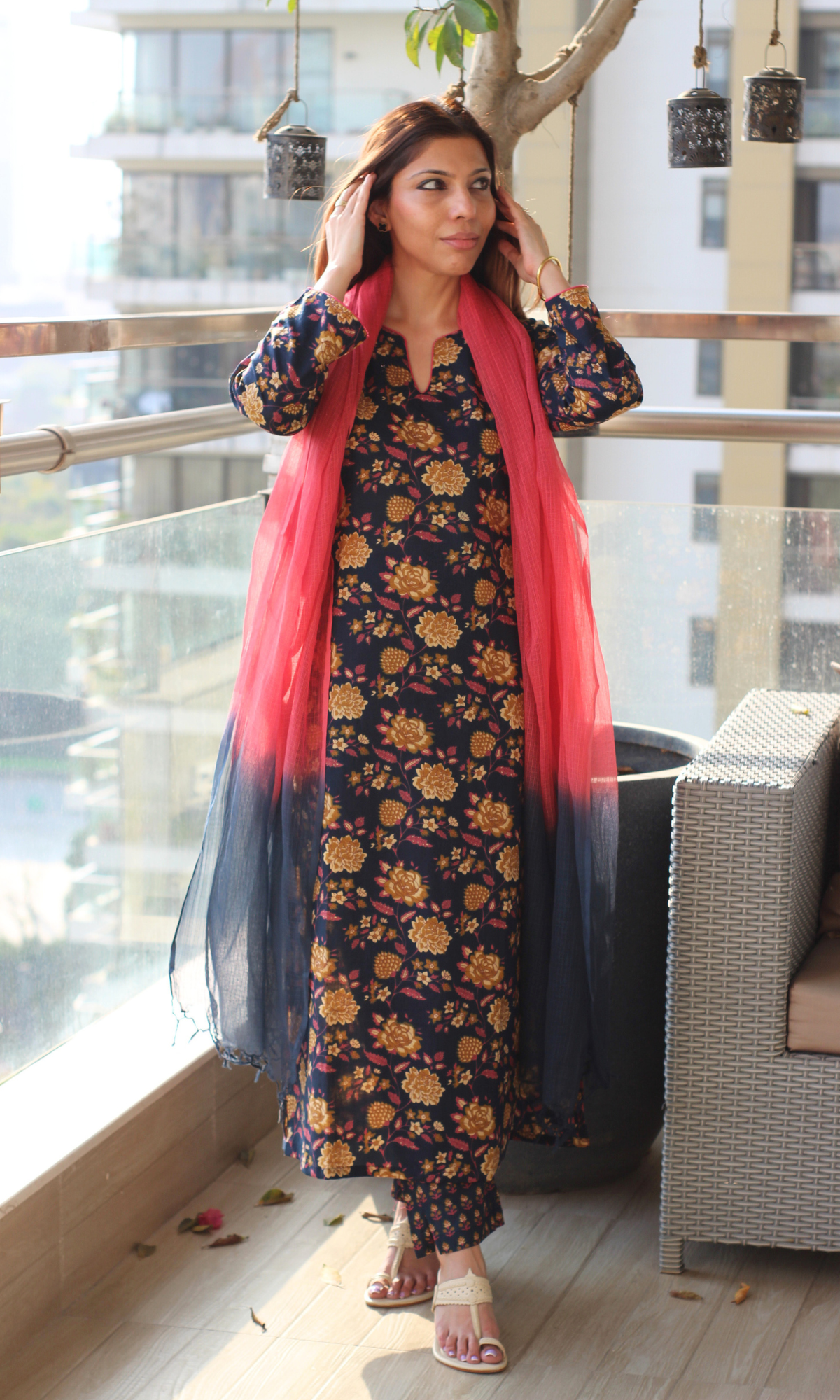 Mehfil Midnight & Pink Block Printed Cotton Kurta, Pant & Ombré Kota Doria Dupatta