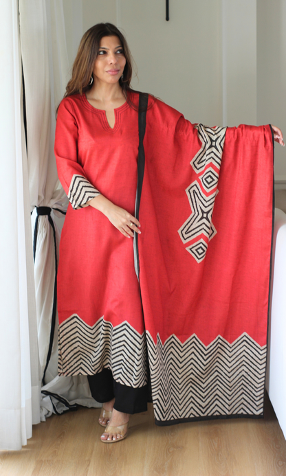 Cotton Silk Blend Red & Black Printed Kurta, Dupatta & Cotton Pants