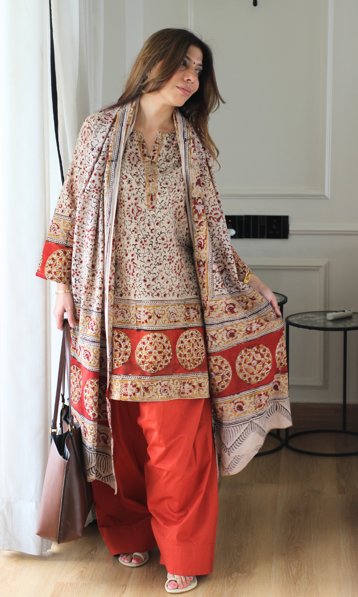 Beige & Red Handblock Kalamkari Print Kurta , Dupatta & Cotton Farshi Salwaar