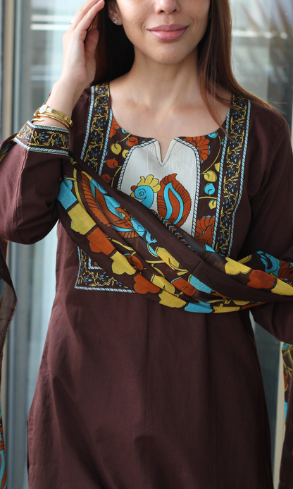 Dark Brown Motif Print Kurta, Afgani Pant & Printed Dupatta