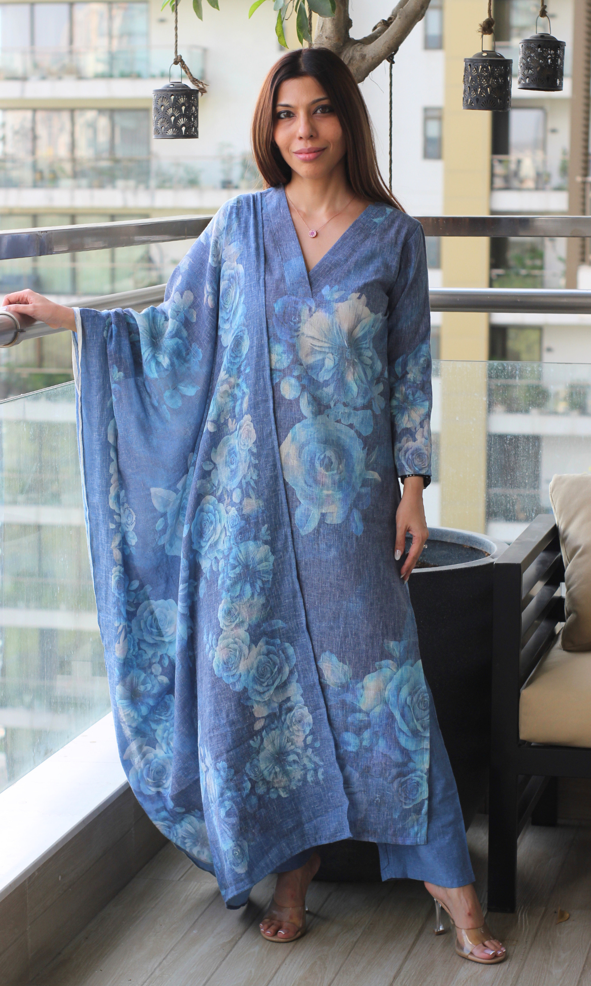 Linen Blend Blue Mist Flower Print Kurta , Dupatta with Cotton Pants