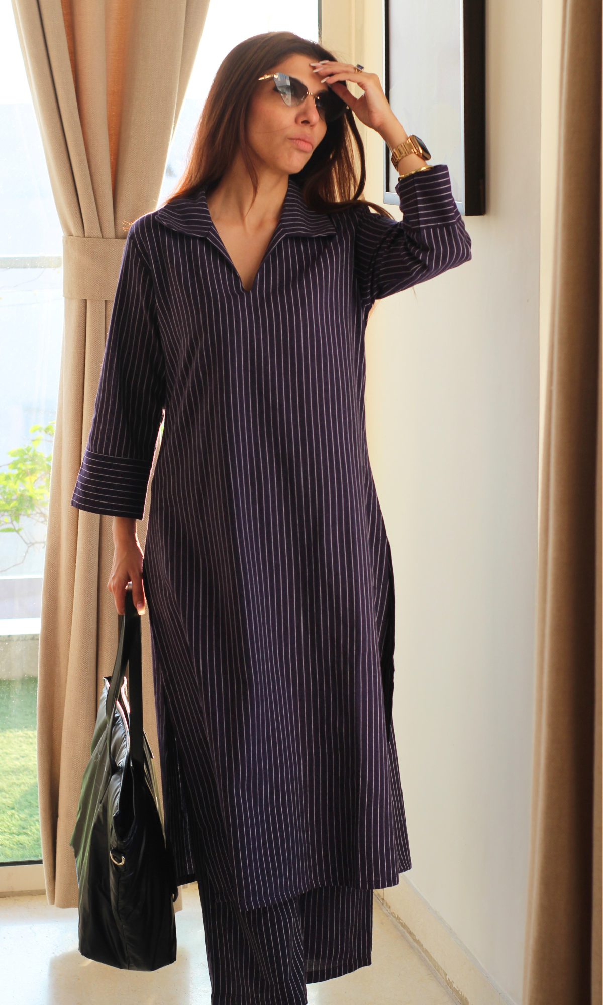 Purple Cotton Ikat Striped Kurta & Pants
