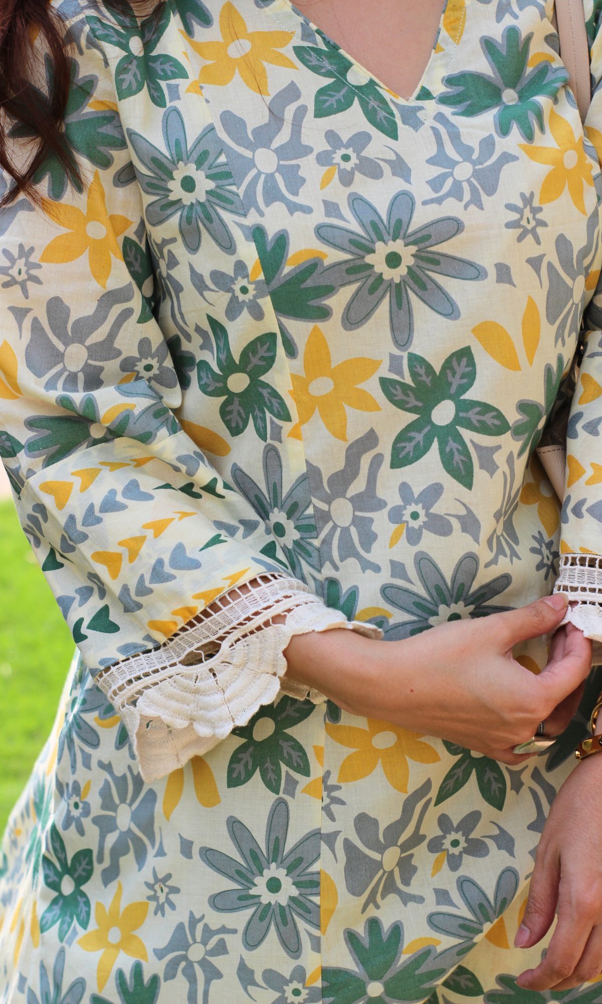 Cotton Beige & Green Floral Haze Printed High Low Kurta & Pant